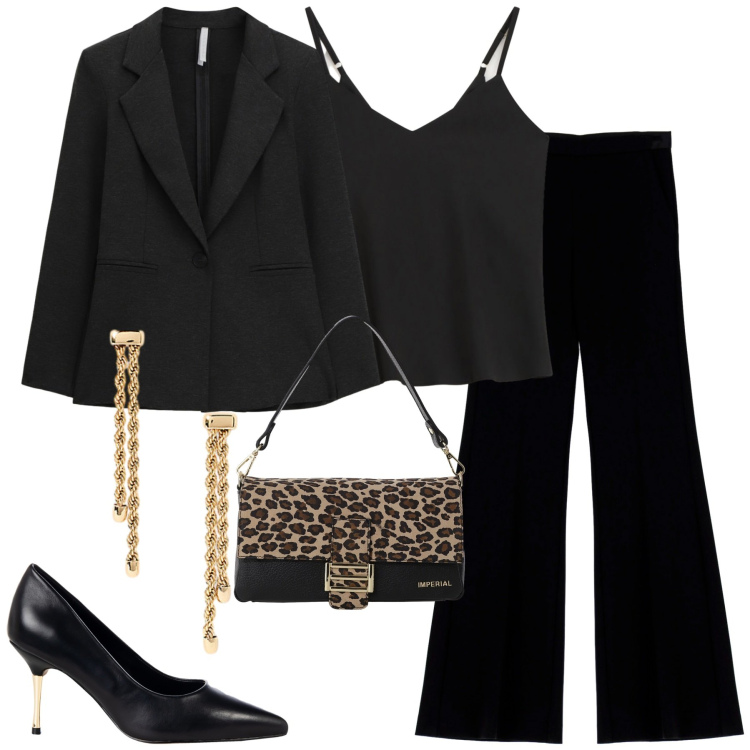 Outfit donna - Total black. Stile Chic per Tutti i giorni. Abbinamento con décolleté, pantaloni, borse a spalla, blazer, top, orecchini.
