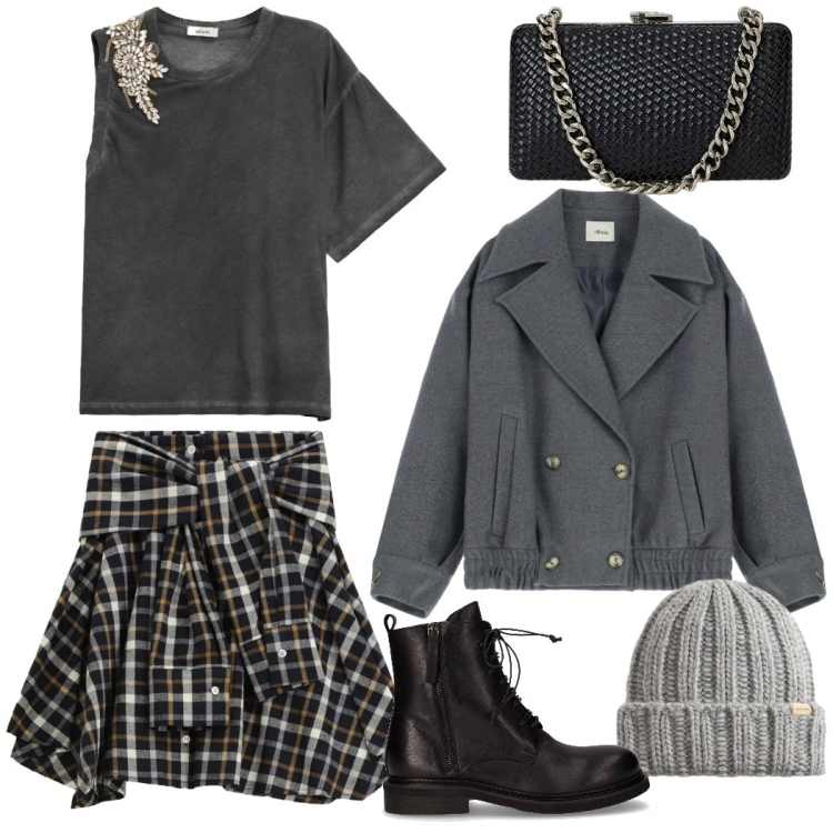 Outfit donna - Grunge style. Stile Urban per Tutti i giorni. Abbinamento con minigonne, t-shirt, cappotti, clutch, berretti, anfibi.