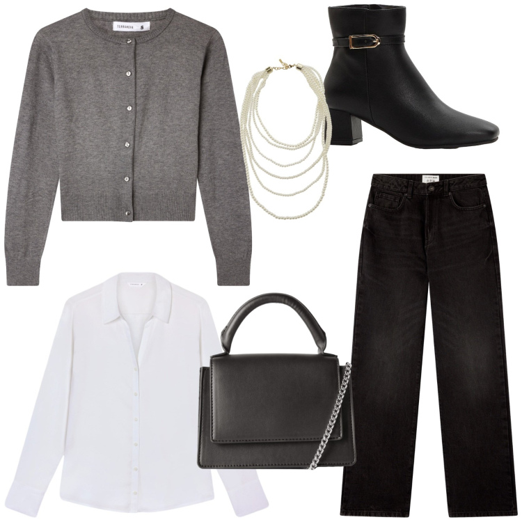 Outfit donna - Bon ton style. Stile Bon Ton per Tutti i giorni. Abbinamento con stivaletti, borse a tracolla, camicie, cardigans, jeans dritti, collane.