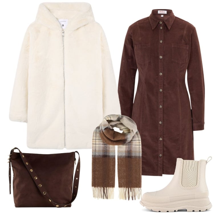 Outfit donna - Total look #2286696. Stile Casual per Tutti i giorni. Abbinamento con vestiti, shopping bag, sciarpe, cappotti, stivali.