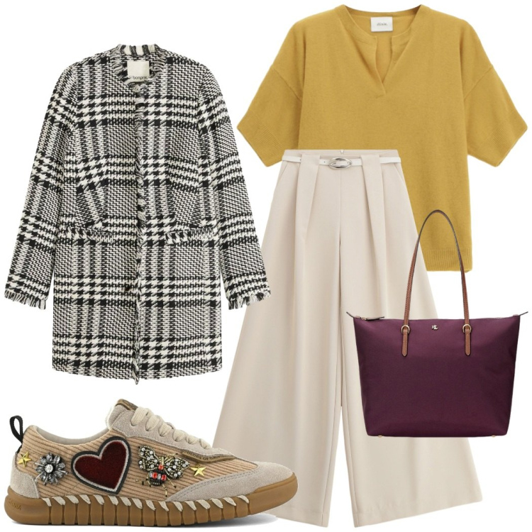 Outfit donna - Passi originali. Stile Casual chic per Tutti i giorni. Abbinamento con blazer, pantaloni a palazzo, maglieria, borse tote, sneakers.