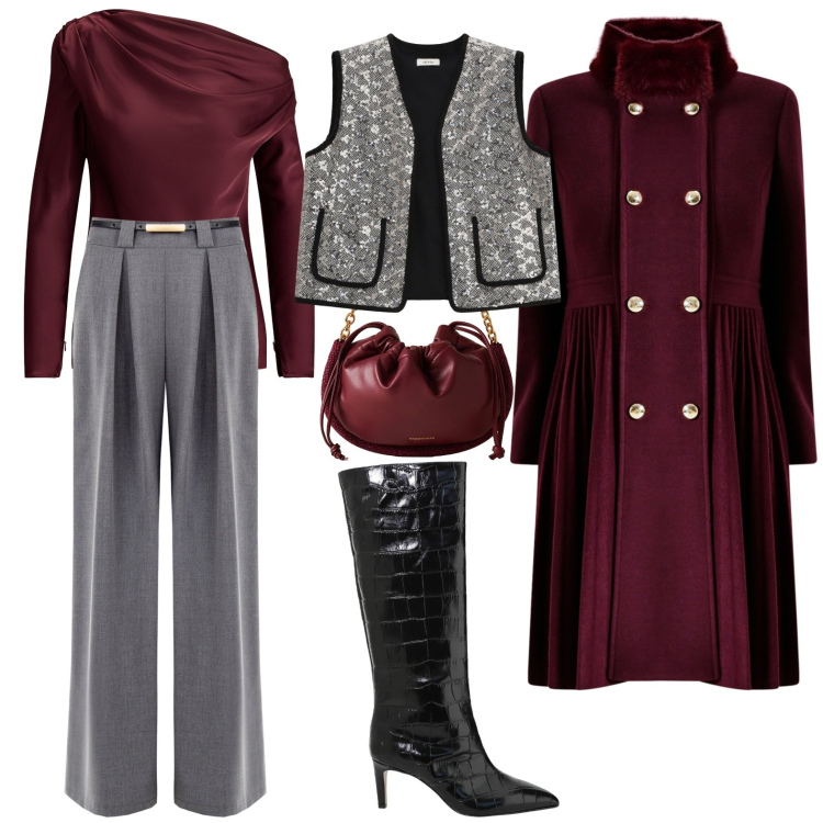 Outfit donna - Total look #2286699. Stile Chic per Serata fuori. Abbinamento con cappotti, pantaloni a palazzo, borse a spalla, stivali, gilet, bluse.