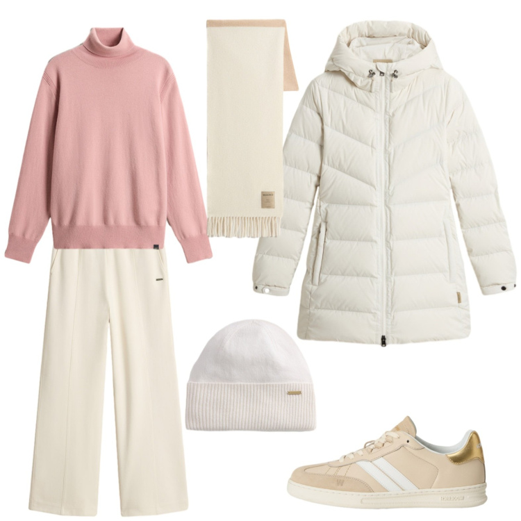 Outfit donna - Passeggiata fuori con il cane. Stile Sporty chic per Tutti i giorni. Abbinamento con maglieria, sneakers, sciarpe, pantaloni, berretti, piumini.