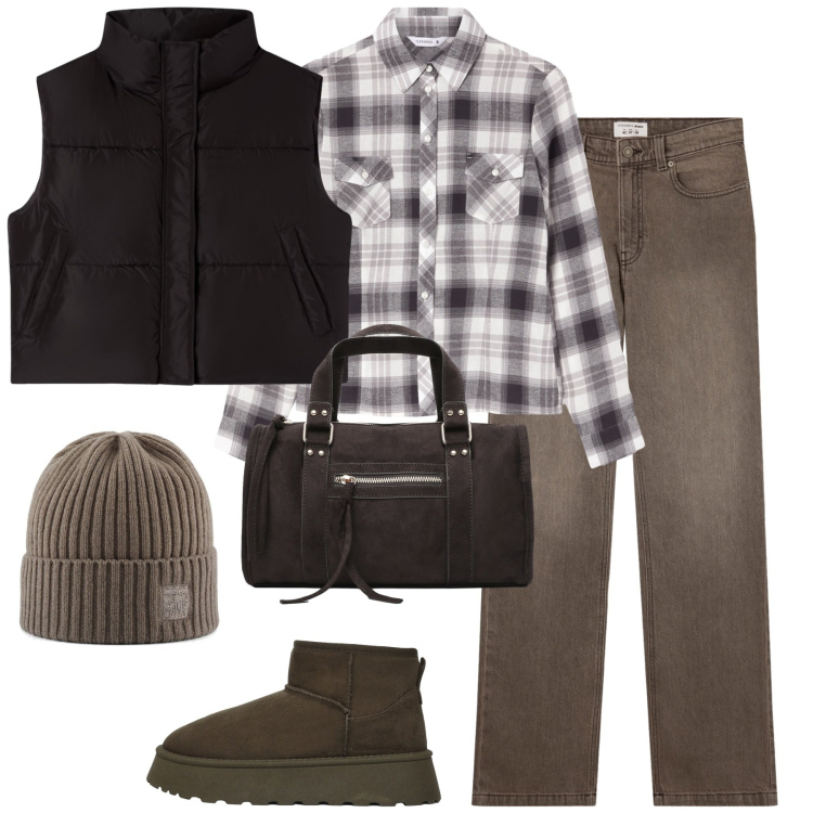 Outfit donna - Casual time. Stile Casual per Tutti i giorni. Abbinamento con jeans bootcut, piumini, camicie, borse a mano, stivali, berretti.