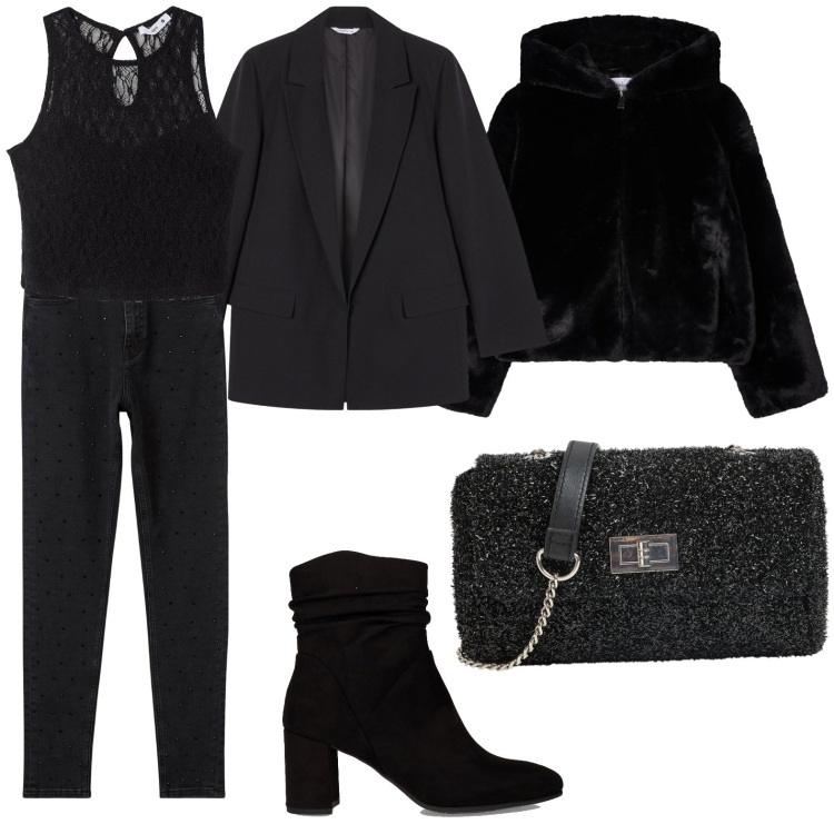 Outfit donna - Total black!. Stile Casual chic per Serata fuori. Abbinamento con jeans skinny, top, blazer, ecopellicce, borse a tracolla, stivaletti.