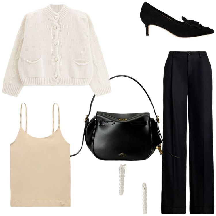 Outfit donna - Il cardigan in ufficio. Stile Chic per Ufficio. Abbinamento con cardigans, orecchini, borse a mano, pantaloni, magliette intime, décolleté.