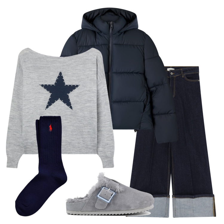 Outfit donna - Blue jeans. Stile Casual per Tutti i giorni. Abbinamento con bomber, maglieria, jeans, calzini, sabot.