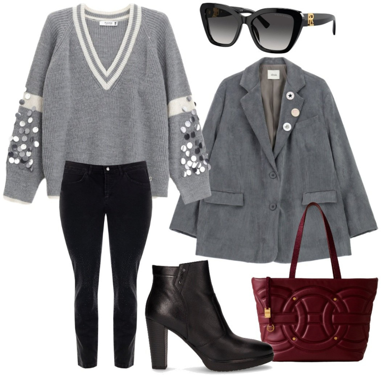 Outfit donna - Aperitivo in città. Stile Casual chic per Tutti i giorni. Abbinamento con maglieria, jeans skinny, shopping bag, blazer, occhiali da sole, stivaletti.