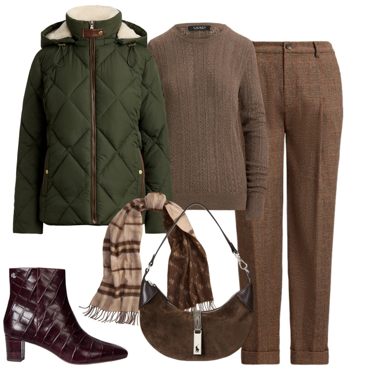Outfit donna - Country chic. Stile Chic per Tutti i giorni. Abbinamento con borse a spalla, pantaloni, maglieria, giacche, stivaletti, sciarpe.