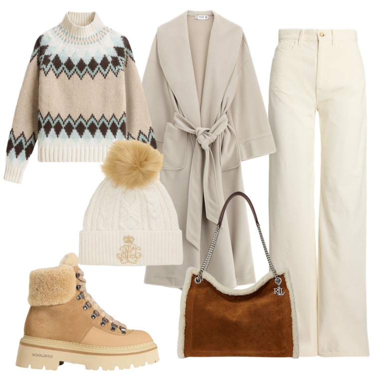 Outfit donna - Total look #2286720. Stile Casual chic per Tutti i giorni. Abbinamento con cappotti, pantaloni, berretti, borse tote, maglieria, stivaletti.