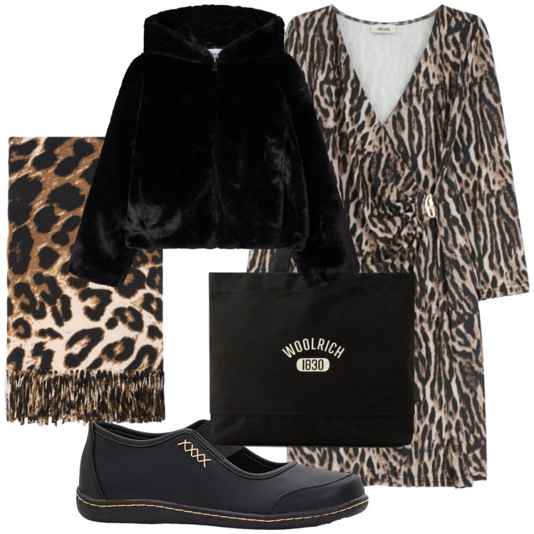 Outfit donna - Come portare animalier al lavoro. Stile Urban per Ufficio. Abbinamento con ballerine, ecopellicce, vestiti corti, borse tote, sciarpe.