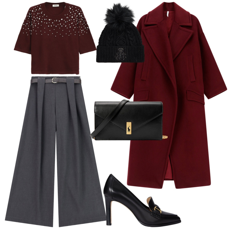 Outfit donna - City. Stile Trendy per Tutti i giorni. Abbinamento con cappotti, pantaloni, maglieria, clutch, décolleté, berretti.