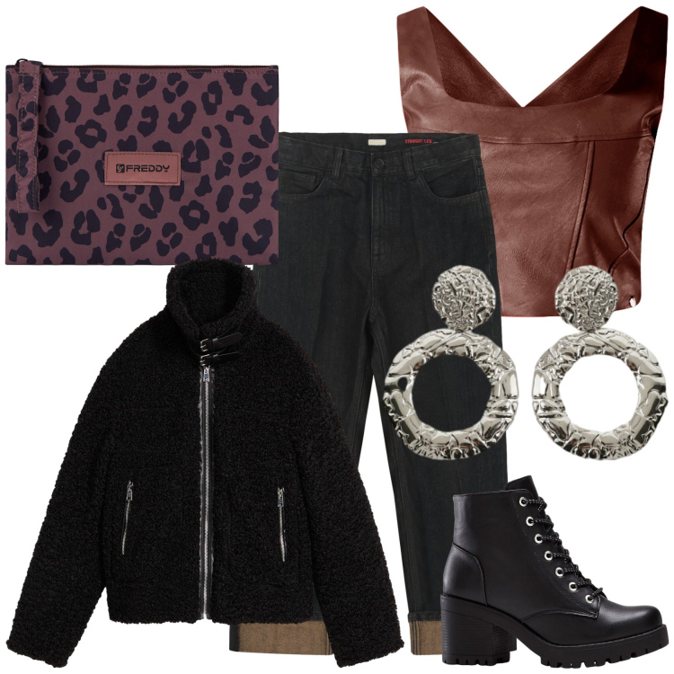 Outfit donna - Rock aperitivo. Stile Rock per Serata fuori. Abbinamento con ecopellicce, stivaletti, top, orecchini, clutch, jeans dritti.
