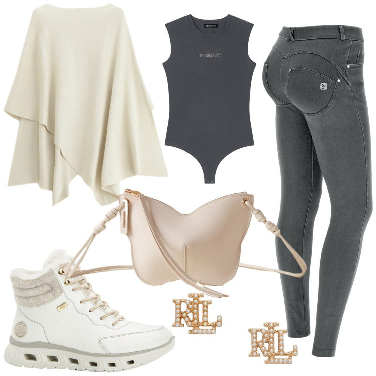 Outfit donna - Total look #2286726. Stile Casual chic per Tutti i giorni. Abbinamento con stivaletti, maglieria, borse a tracolla, jeans skinny, body, orecchini.