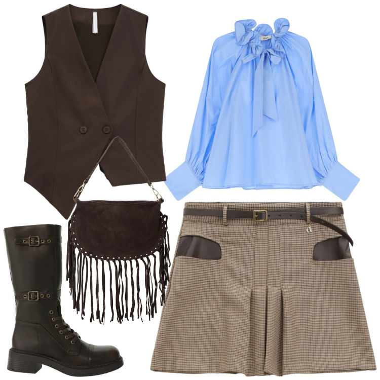 Outfit donna - City. Stile Urban per Tutti i giorni. Abbinamento con gilet, stivali, minigonne, camicie, borse a tracolla.