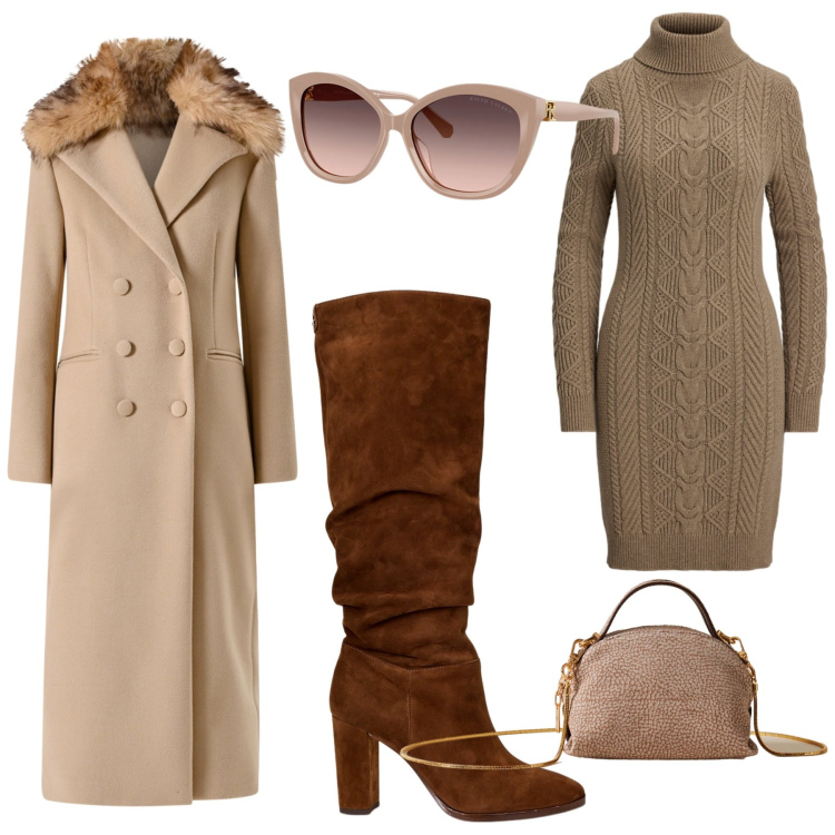 Outfit donna - Total look #2286734. Stile Casual chic per Ufficio. Abbinamento con cappotti, borse a mano, stivali, vestiti, occhiali da sole.