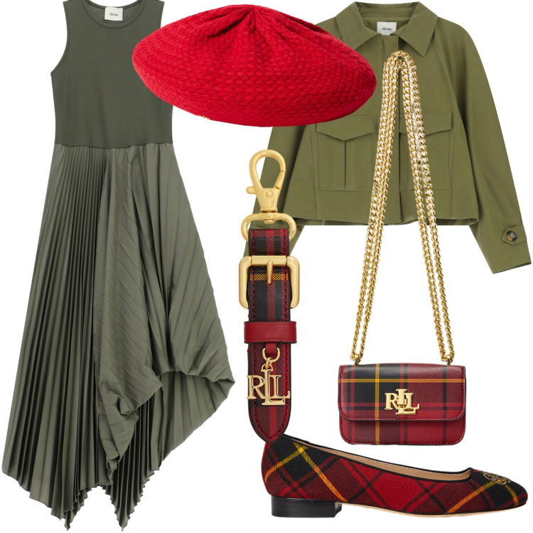 Outfit donna - Serata particolare e chic comunque. Stile Trendy per Serata fuori. Abbinamento con vestiti lunghi, bomber, ballerine, portachiavi, berretti, pochette.