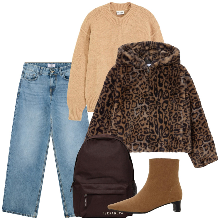 Outfit donna - Novembre. Stile Casual per Tutti i giorni. Abbinamento con stivaletti, maglieria, jeans boyfriend, zaini, ecopellicce.