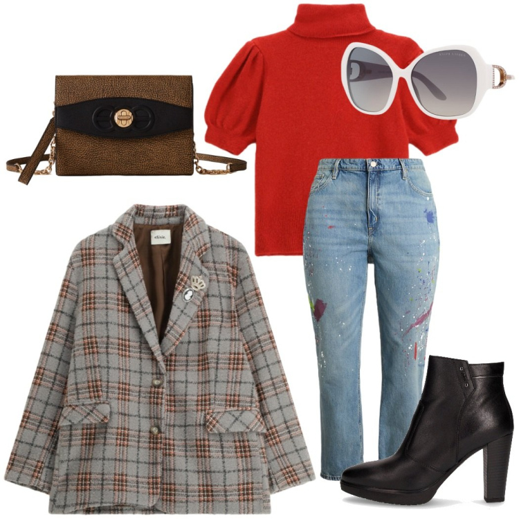 Outfit donna - Giacca a quadri e occhiali a farfalla. Stile Casual chic per Ufficio. Abbinamento con blazer, maglieria, borse a tracolla, occhiali da sole, jeans boyfriend, stivaletti.