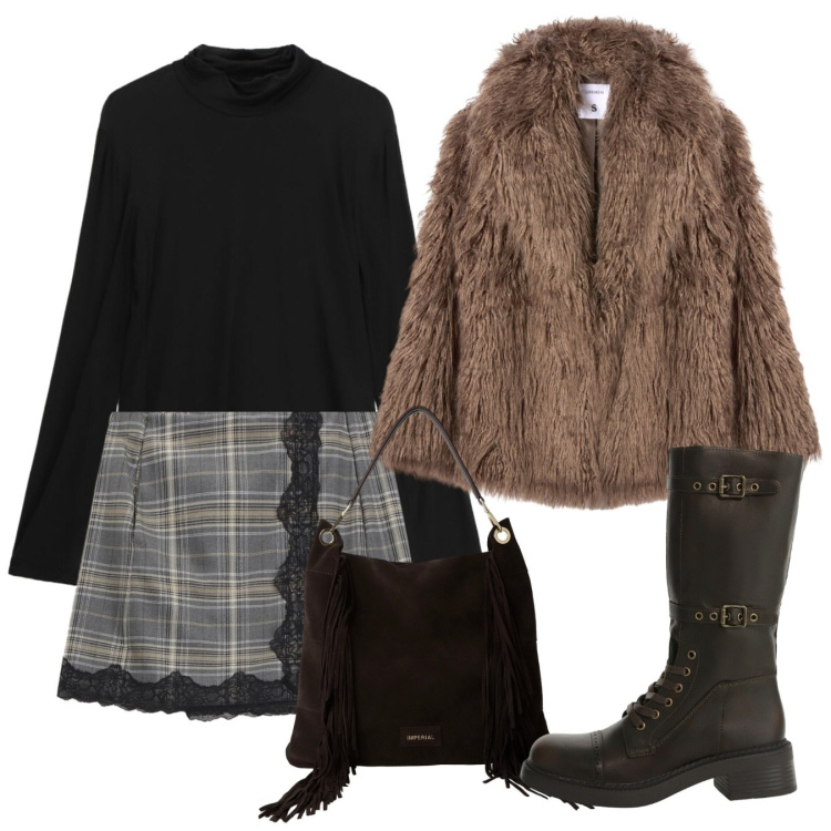 Outfit donna - Novembre. Stile Chic per Tutti i giorni. Abbinamento con ecopellicce, borse a spalla, stivali, maglieria, minigonne.