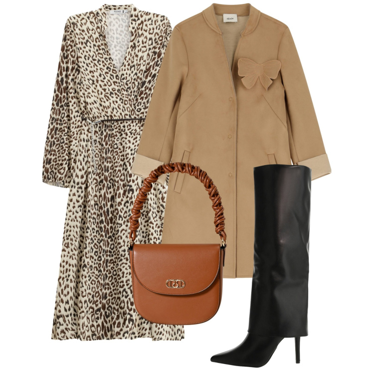 Outfit donna - Chemisier animalier. Stile Chic per Tutti i giorni. Abbinamento con vestiti midi/longuette, borse a mano, stivali, cappotti.