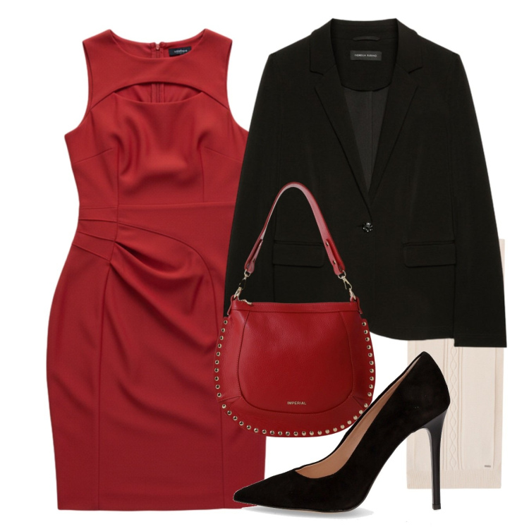 Outfit donna - Chic. Stile Chic per Ufficio. Abbinamento con vestiti a tubino, sciarpe, borse a spalla, décolleté, blazer.