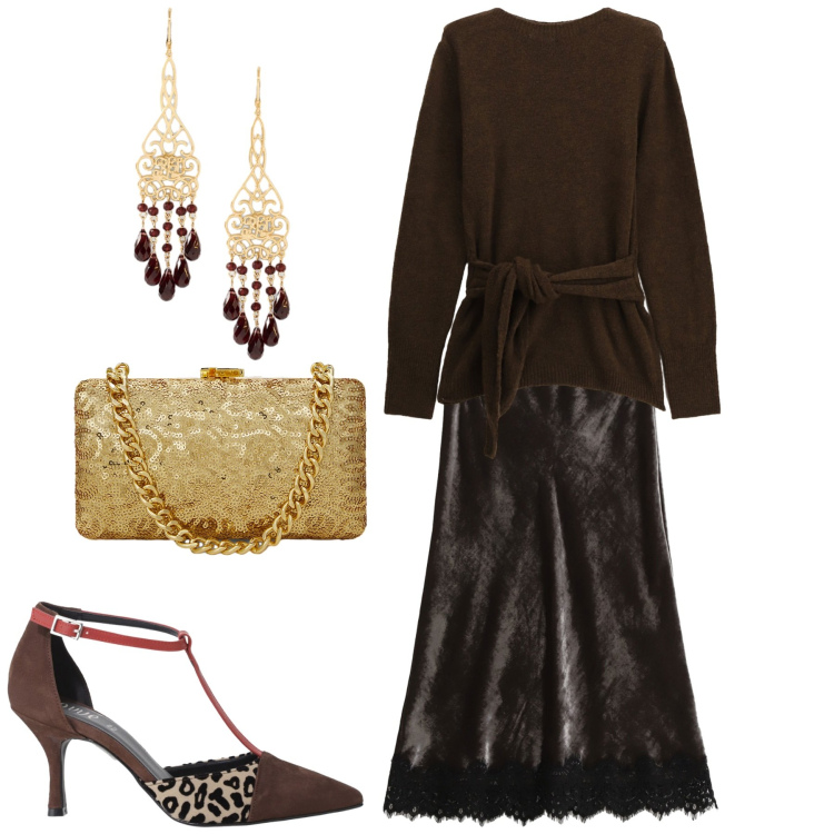 Outfit donna - Serata. Stile Chic per Serata fuori. Abbinamento con maglieria, gonne lunghe, décolleté, orecchini, clutch.