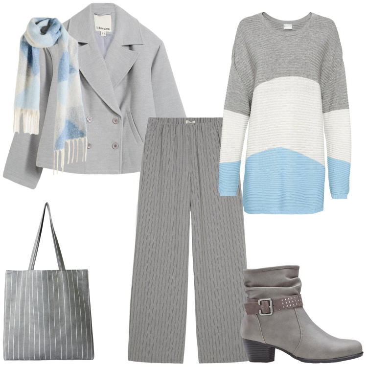 Outfit donna - Grey mood. Stile Chic per Ufficio. Abbinamento con pantaloni, maglieria, caban, stivaletti, sciarpe, shopping bag.