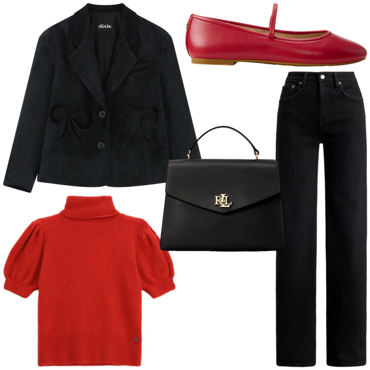 Outfit donna - E rosso sia. Stile Trendy per Tutti i giorni. Abbinamento con maglieria, blazer, ballerine, borse a mano, jeans.