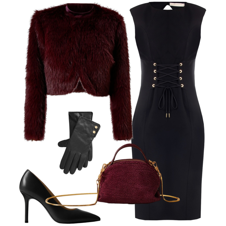 Outfit donna - Rinascimento black Friday. Stile Chic per Serata fuori. Abbinamento con vestiti midi/longuette, blazer, borse a mano, guanti, décolleté.