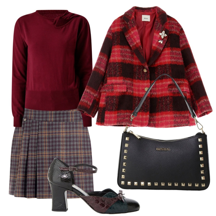 Outfit donna - Total look #2286752. Stile Preppy per Tutti i giorni. Abbinamento con maglieria, minigonne, pochette, décolleté, blazer.