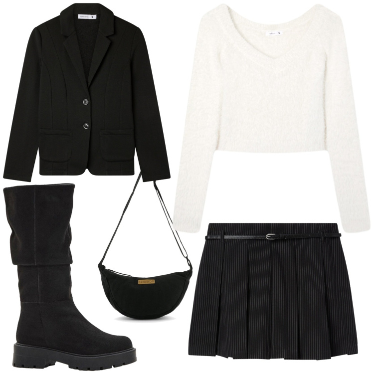 Outfit donna - La borsetta di velluto. Stile Trendy per Tutti i giorni. Abbinamento con stivali, minigonne, blazer, maglieria, borse a tracolla.