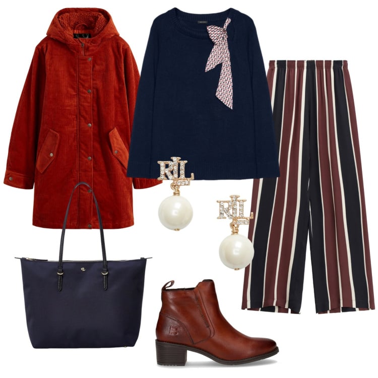 Outfit donna - French inspirations. Stile Chic per Ufficio. Abbinamento con parka, pantaloni a palazzo, borse tote, orecchini, maglieria, stivaletti.