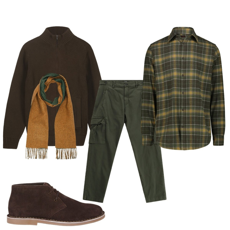 Outfit uomo - Colori dell’autunno. Stile Trendy per Tutti i giorni. Abbinamento con pantaloni cargo, stivali e stivaletti, sciarpe, cardigans, camicie.