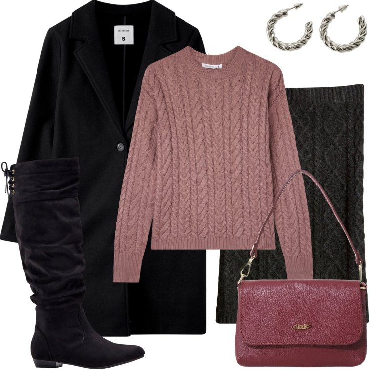 Outfit donna - Cozy & Chic. Stile Casual chic per Tutti i giorni. Abbinamento con stivali, gonne, cappotti, maglieria, borse a tracolla, orecchini.