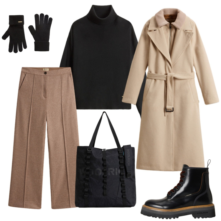 Outfit donna - La conferenza di stasera. Stile Chic per Serata fuori. Abbinamento con anfibi, borse tote, pantaloni, maglieria, guanti, cappotti.