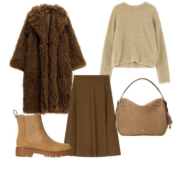 Outfit donna - Coffee vibes. Stile Casual chic per Tutti i giorni. Abbinamento con cappotti, gonne longuette, pullovers, stivaletti chelsea, borse a mano.