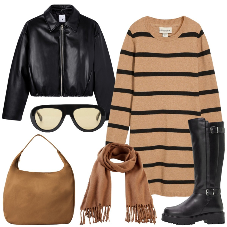 Outfit donna - Total look #2286766. Stile Casual per Tutti i giorni. Abbinamento con sciarpe, stivali, vestiti, borse a mano, giacche, occhiali da sole.