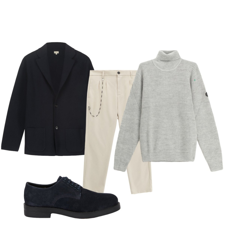 Outfit uomo - Pratico ed elegante per l’ufficio. Stile Trendy per Ufficio. Abbinamento con pantaloni, maglieria, scarpe stringate, giacche.