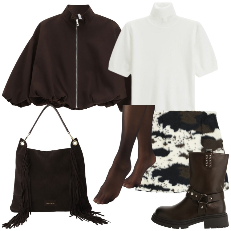 Outfit donna - Total look #2286770. Stile Casual per Tutti i giorni. Abbinamento con collant, minigonne, bomber, borse a spalla, stivali, maglieria.