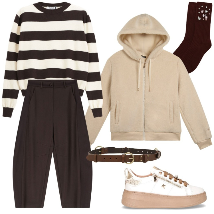 Outfit donna - Sporty chic. Stile Sporty chic per Tutti i giorni. Abbinamento con pullovers, bomber, pantaloni, cinture, calzini, sneakers.