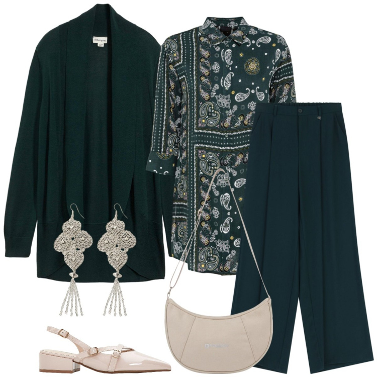 Outfit donna - Total look #2286773. Stile Casual chic per Ufficio. Abbinamento con camicie, cardigans, décolleté, borse a spalla, pantaloni a palazzo, orecchini.