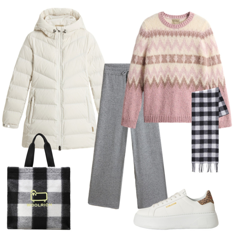 Outfit donna - Total look #2286774. Stile Casual chic per Tutti i giorni. Abbinamento con sneakers, borse tote, pantaloni, piumini, sciarpe, maglieria.