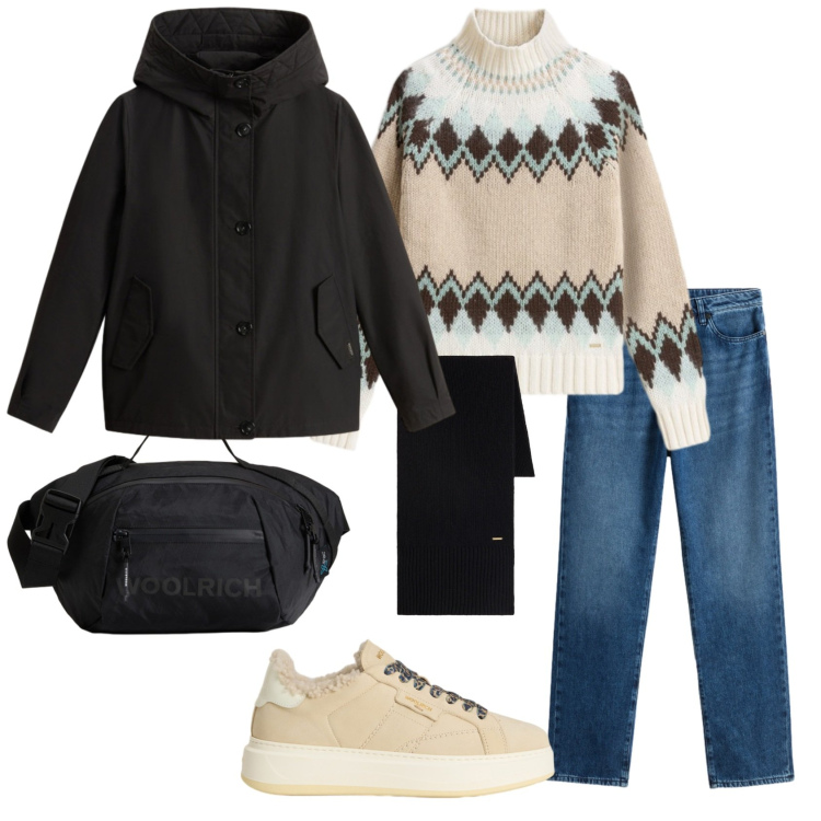 Outfit donna - In montagna. Stile Casual per Tutti i giorni. Abbinamento con sneakers, maglieria, borse a tracolla, sciarpe, jeans, blazer.