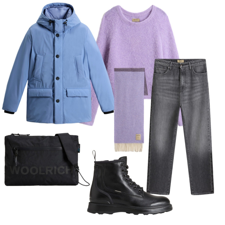 Outfit donna - Total look #2286783. Stile Casual per Tutti i giorni. Abbinamento con jeans, anfibi, parka, maglieria, sciarpe, borse a tracolla.