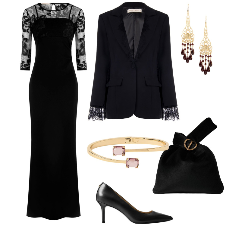 Outfit donna - Rinascimento - Black Friday 2025. Stile Glamour per Serata fuori. Abbinamento con blazer, vestiti lunghi, borse a mano, orecchini, braccialetti, décolleté.