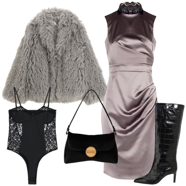 Outfit donna - Feste in arrivo. Stile Glamour per Serata fuori. Abbinamento con vestiti a tubino, ecopellicce, body, stivali, borse a tracolla.