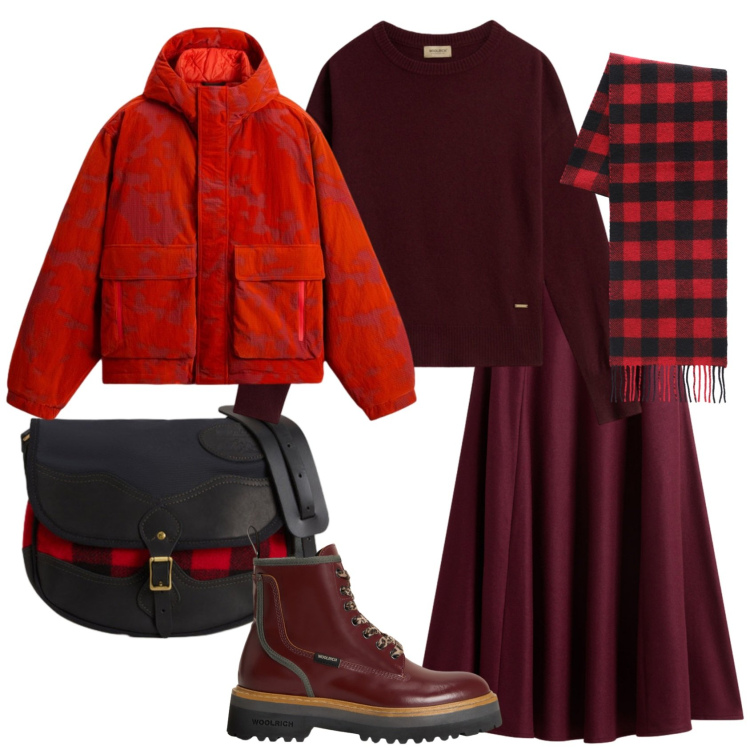 Outfit donna - Total look #2286790. Stile Casual chic per Ufficio. Abbinamento con anfibi, borse a tracolla, gonne lunghe, sciarpe, blazer, maglieria.