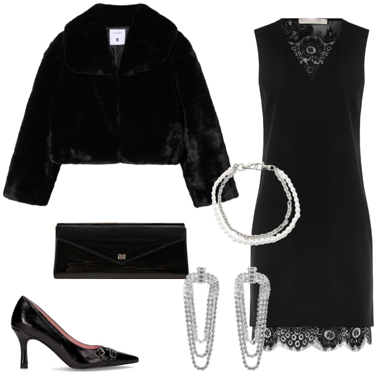 Outfit donna - Total look #2286792. Stile Glamour per Serata fuori. Abbinamento con orecchini, ecopellicce, vestiti a tubino, pochette, braccialetti, décolleté.