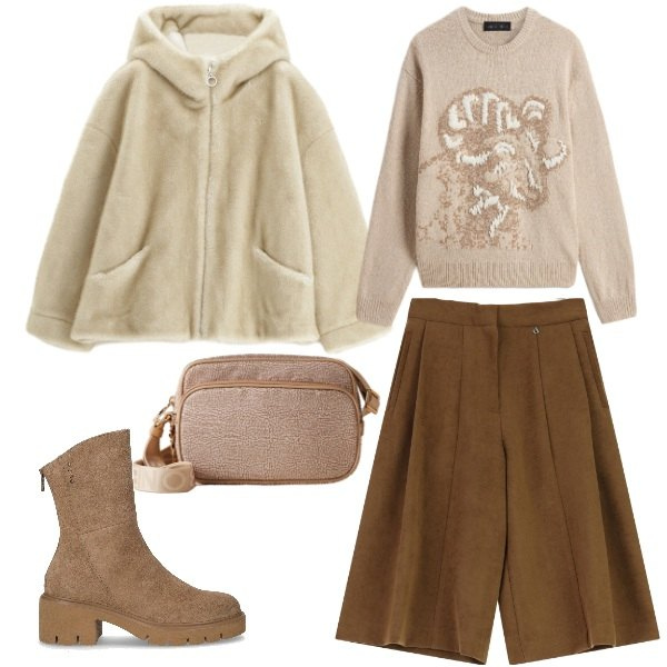 Outfit donna - Total look #2286796. Stile Sporty chic per Tutti i giorni. Abbinamento con blazer, borse a tracolla, pantaloni a palazzo, maglieria, stivaletti.